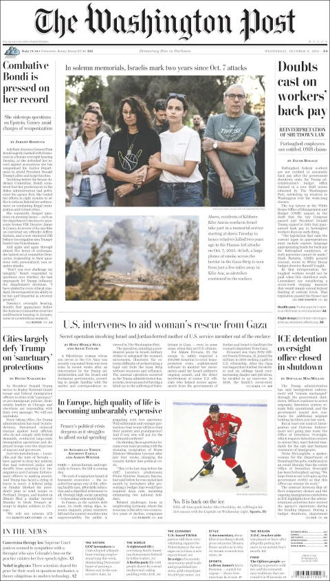Portada de The Washington Post del miércoles, 8 de octubre de 2025