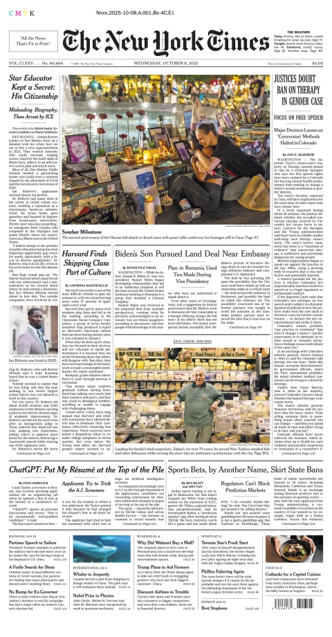 Portada de The New York Times (new York) del miércoles, 8 de octubre de 2025