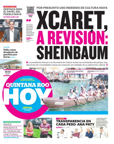 Portada de Quintana Roo Hoy (portada) del miércoles, 8 de octubre de 2025
