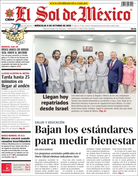 Portada de El Sol de Mexico del miércoles, 8 de octubre de 2025