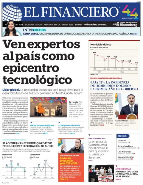 Portada de El Financiero del miércoles, 8 de octubre de 2025