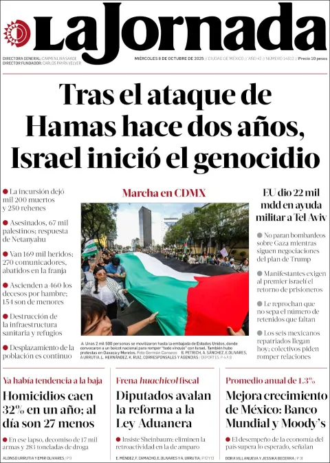 Portada de La Jornada del miércoles, 8 de octubre de 2025