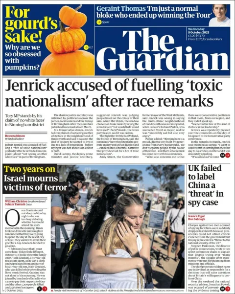 Portada de The Guardian (reino Unido) del miércoles, 8 de octubre de 2025