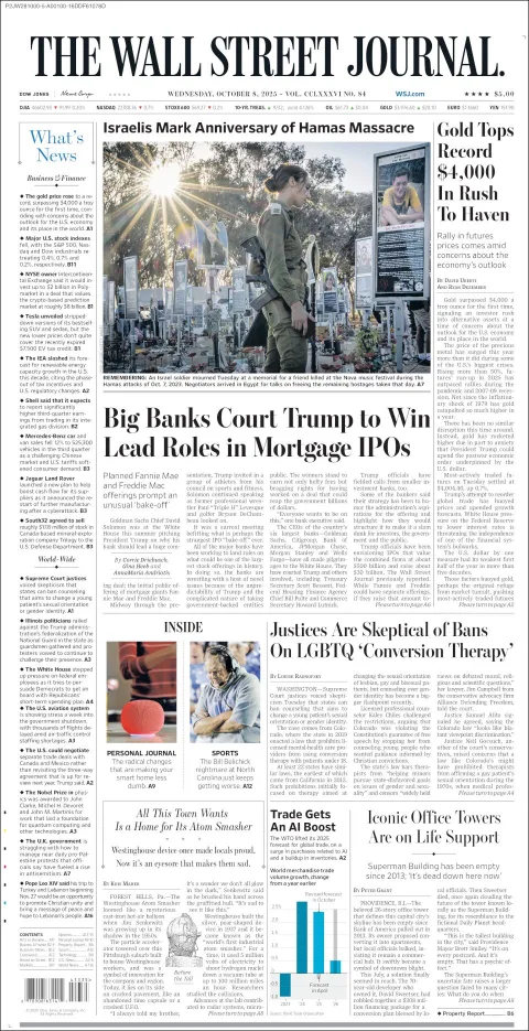 Portada de The Wall Street Journal del miércoles, 8 de octubre de 2025