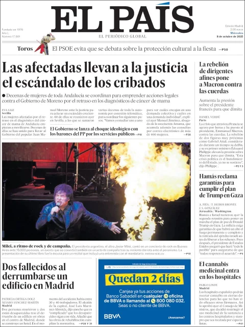 Portada de El Pais del miércoles, 8 de octubre de 2025
