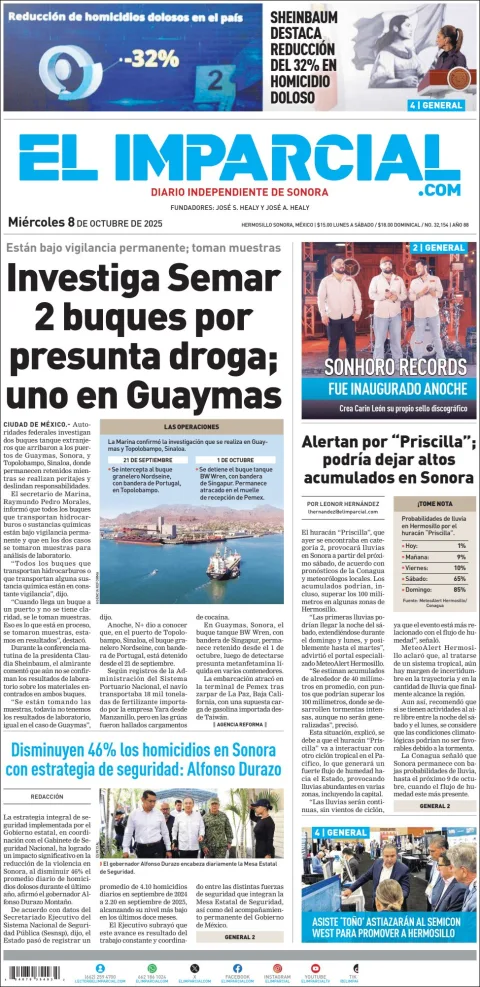 Portada de El Imparcial del miércoles, 8 de octubre de 2025