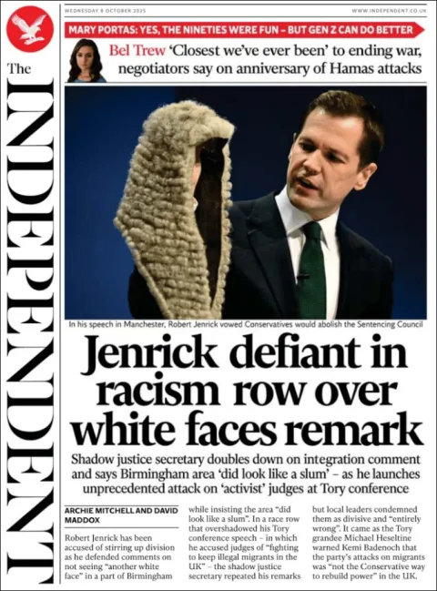 Portada de The Independent del miércoles, 8 de octubre de 2025