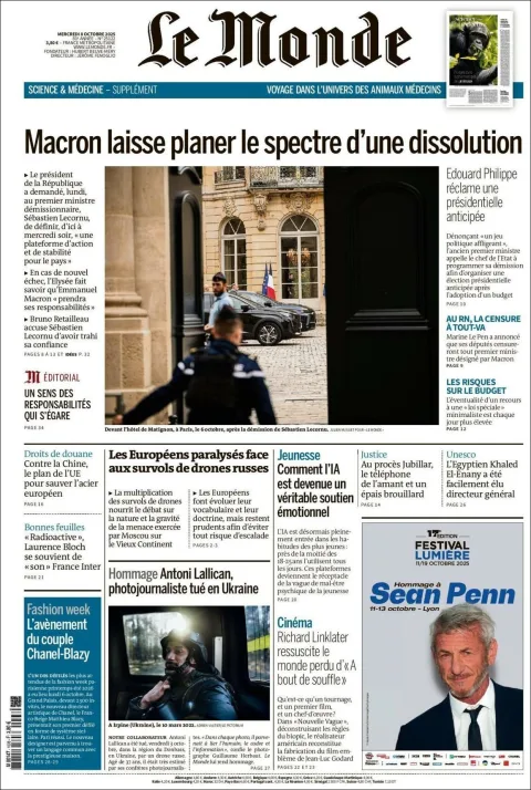 Portada de Le Monde del miércoles, 8 de octubre de 2025