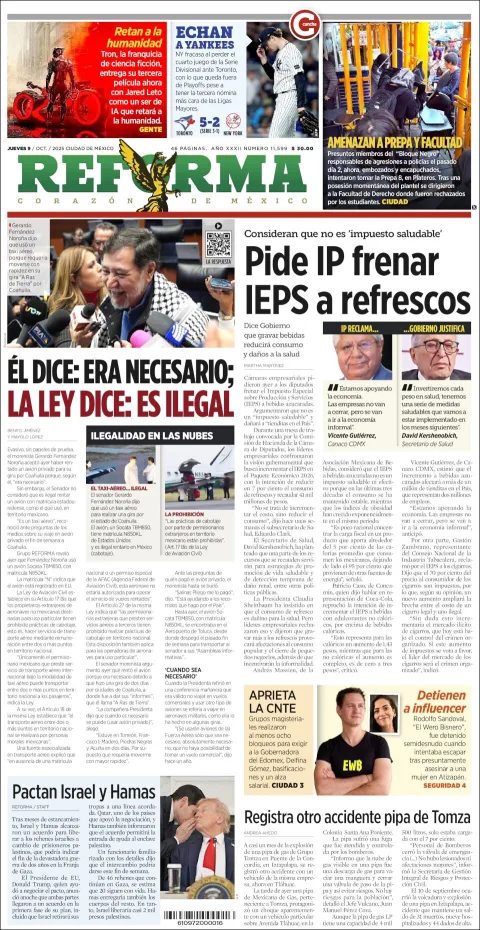 Portada de Reforma del jueves, 9 de octubre de 2025