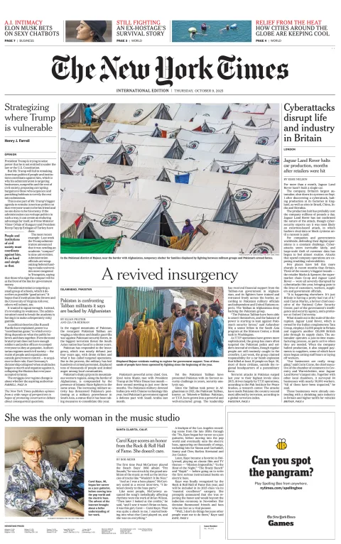 Portada de The New York Times (international) del jueves, 9 de octubre de 2025
