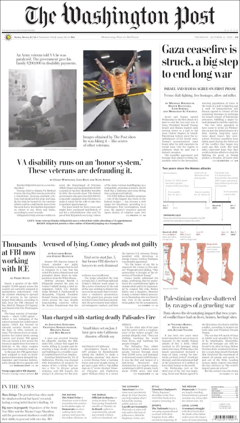 Portada de The Washington Post del jueves, 9 de octubre de 2025
