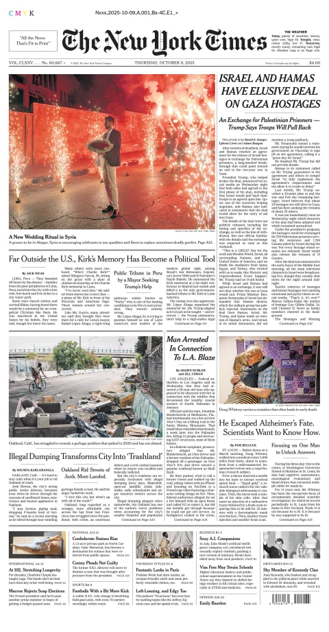Portada de The New York Times (new York) del jueves, 9 de octubre de 2025