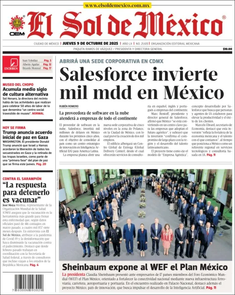 Portada de El Sol de Mexico del jueves, 9 de octubre de 2025