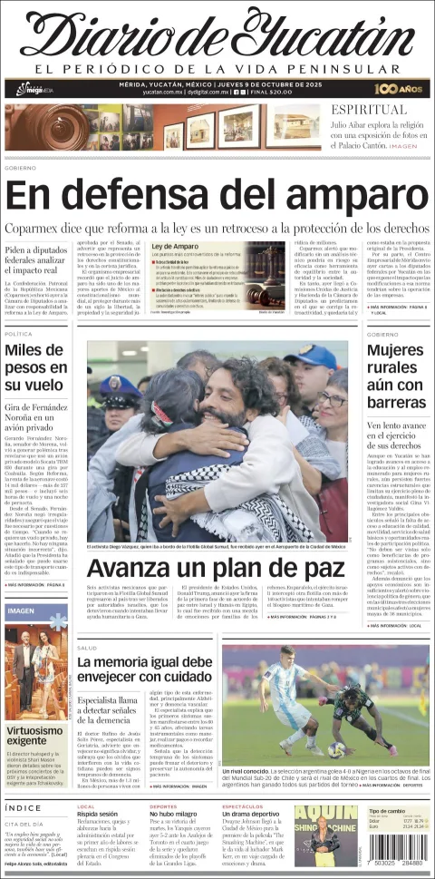 Portada de Diario de Yucatán del jueves, 9 de octubre de 2025