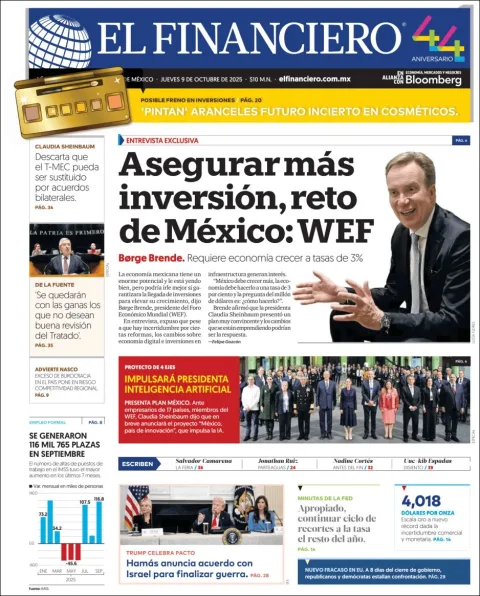 Portada de El Financiero del jueves, 9 de octubre de 2025