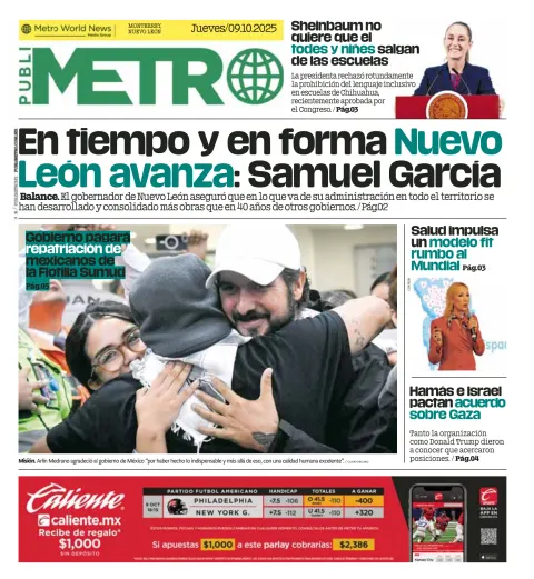 Portada de Publimetro Monterrey del jueves, 9 de octubre de 2025