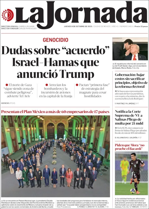 Portada de La Jornada del jueves, 9 de octubre de 2025