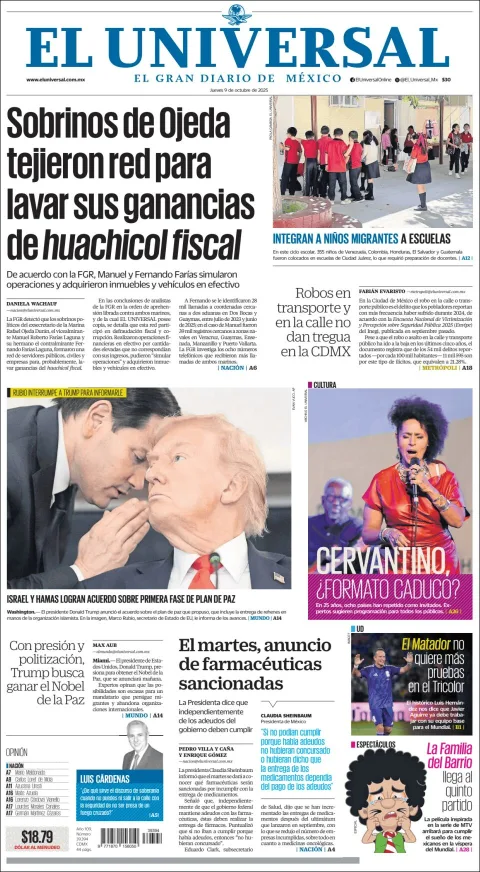 Portada de El Universal del jueves, 9 de octubre de 2025