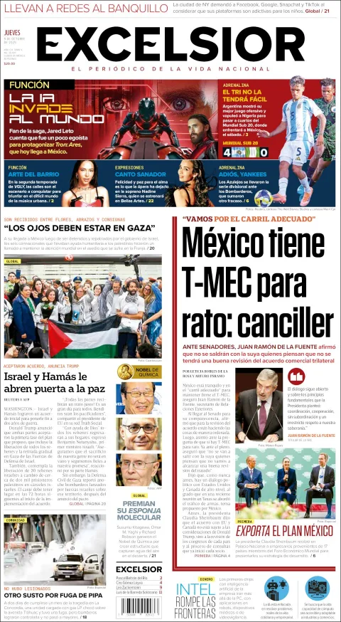 Portada de Excelsior del jueves, 9 de octubre de 2025
