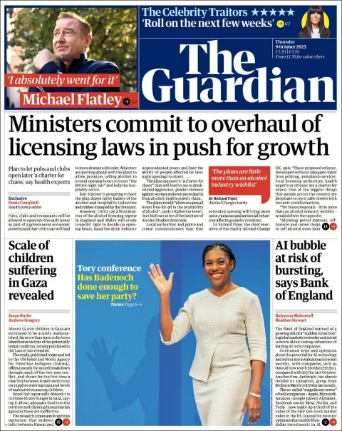 Portada de The Guardian (reino Unido) del jueves, 9 de octubre de 2025