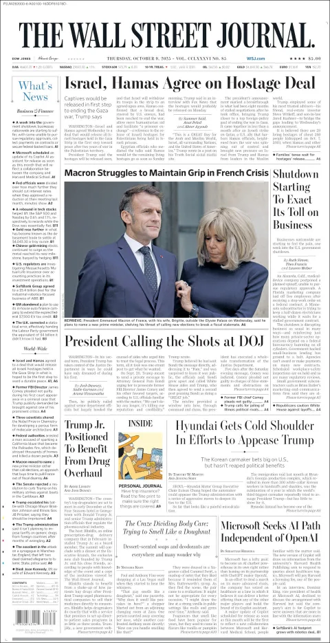 Portada de The Wall Street Journal del jueves, 9 de octubre de 2025