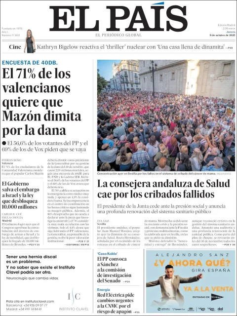 Portada de El Pais del jueves, 9 de octubre de 2025