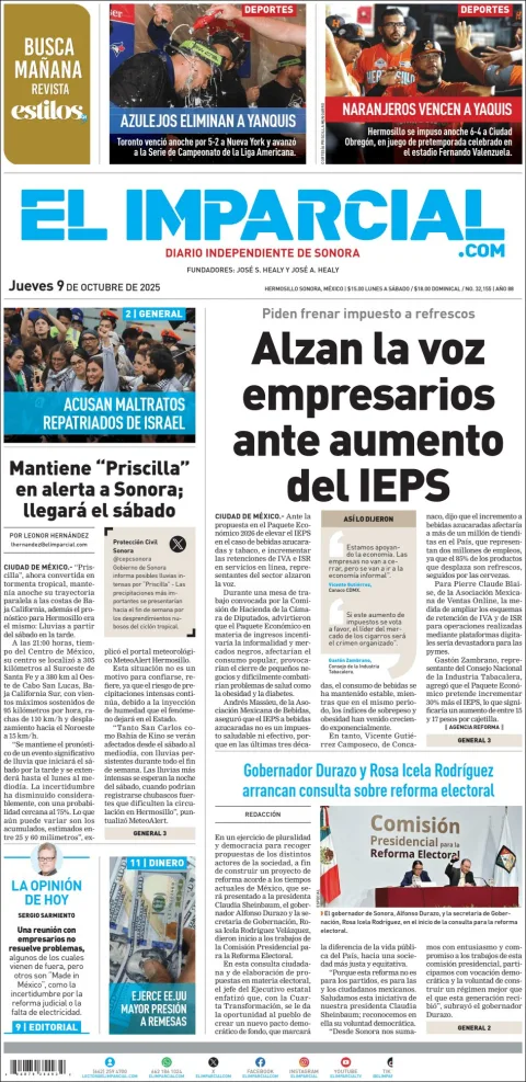 Portada de El Imparcial del jueves, 9 de octubre de 2025