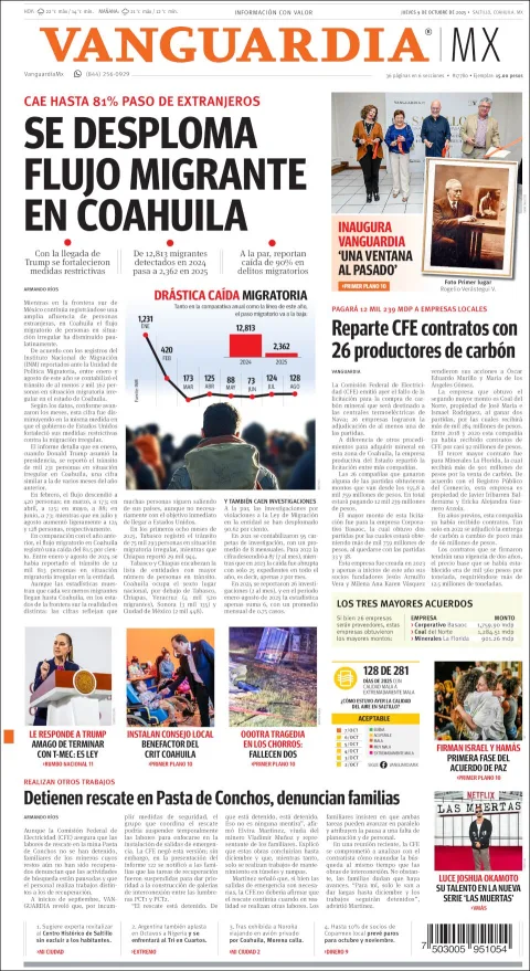 Portada de Vanguardia del jueves, 9 de octubre de 2025