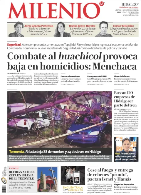 Portada de Milenio Hidalgo del jueves, 9 de octubre de 2025