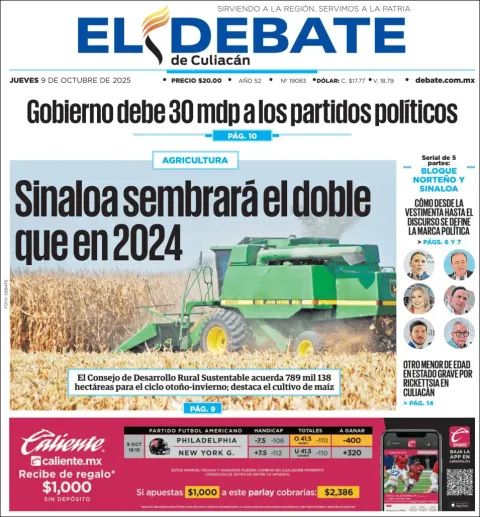 Portada de El Debate de Culiacan del jueves, 9 de octubre de 2025