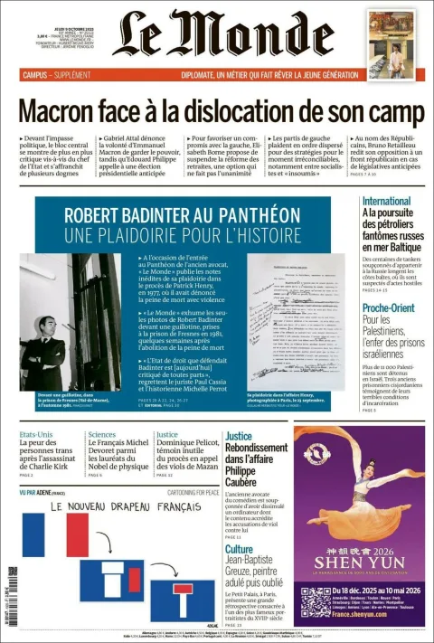 Portada de Le Monde del jueves, 9 de octubre de 2025