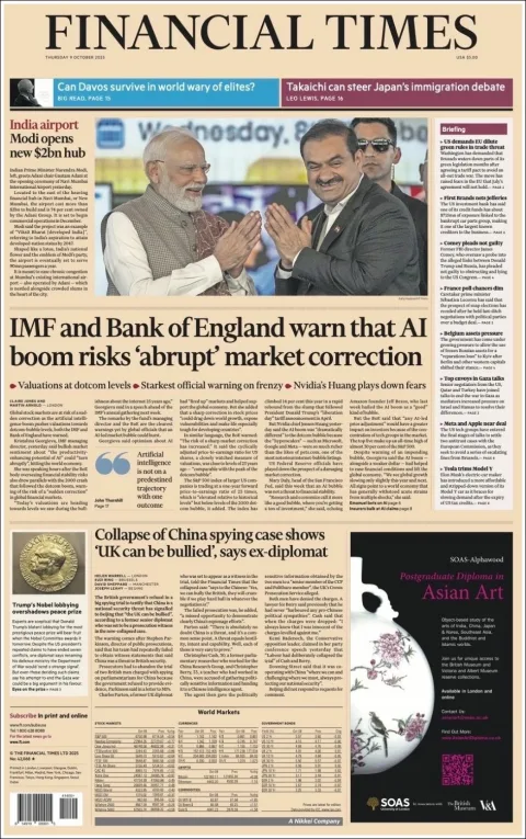 Portada de Financial Times del jueves, 9 de octubre de 2025