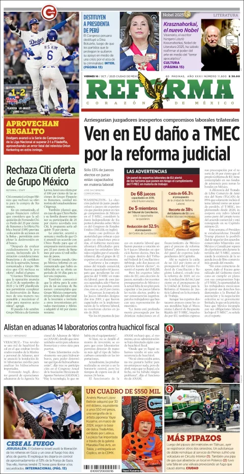 Portada de Reforma del viernes, 10 de octubre de 2025