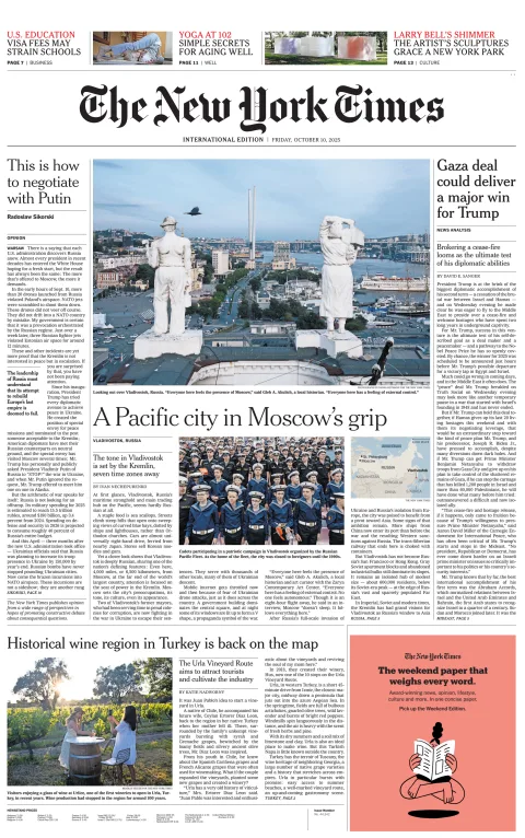 Portada de The New York Times (international) del viernes, 10 de octubre de 2025