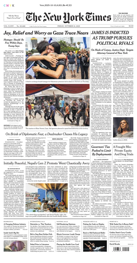 Portada de The New York Times (national) del viernes, 10 de octubre de 2025