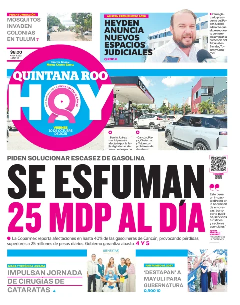 Portada de Quintana Roo Hoy (portada) del viernes, 10 de octubre de 2025