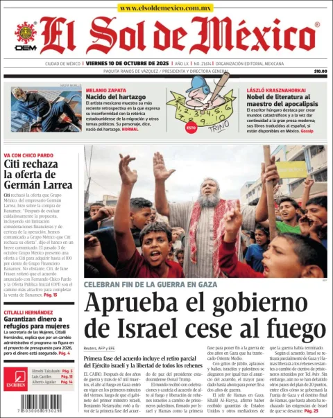Portada de El Sol de Mexico del viernes, 10 de octubre de 2025