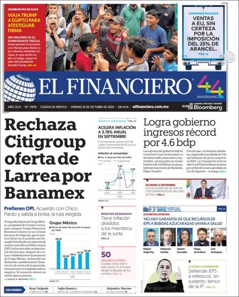 Portada de El Financiero del viernes, 10 de octubre de 2025