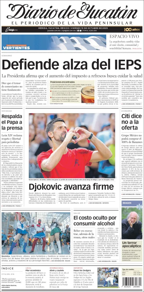 Portada de Diario de Yucatán del viernes, 10 de octubre de 2025