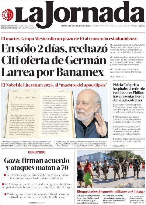 Portada de La Jornada del viernes, 10 de octubre de 2025