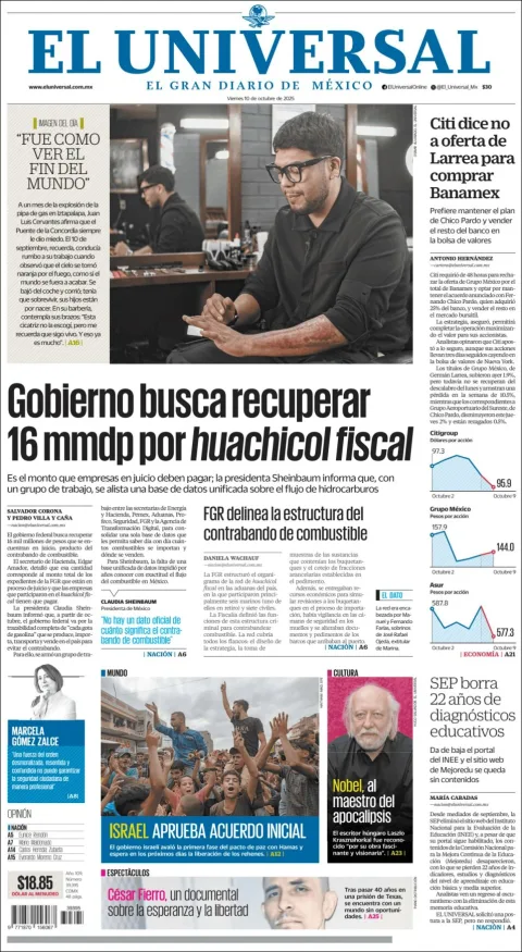 Portada de El Universal del viernes, 10 de octubre de 2025