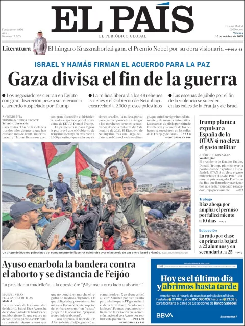 Portada de El Pais del viernes, 10 de octubre de 2025