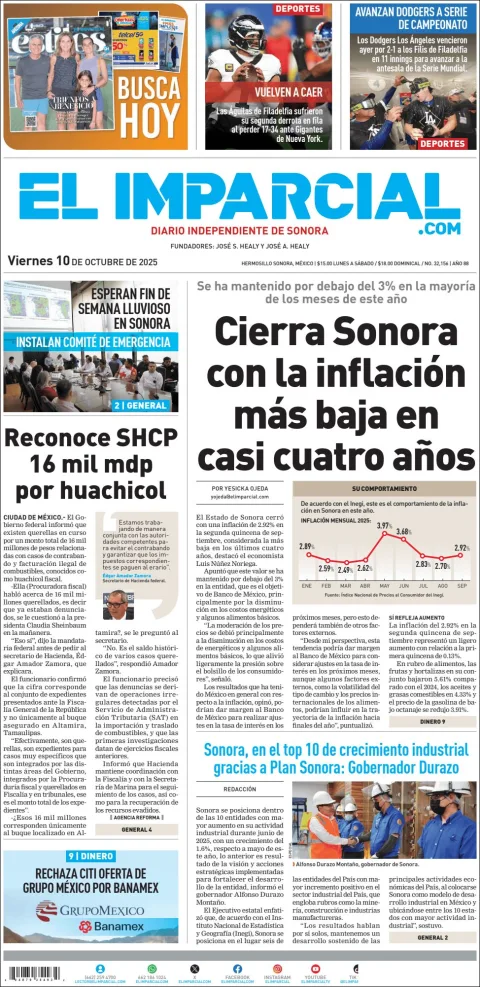 Portada de El Imparcial del viernes, 10 de octubre de 2025