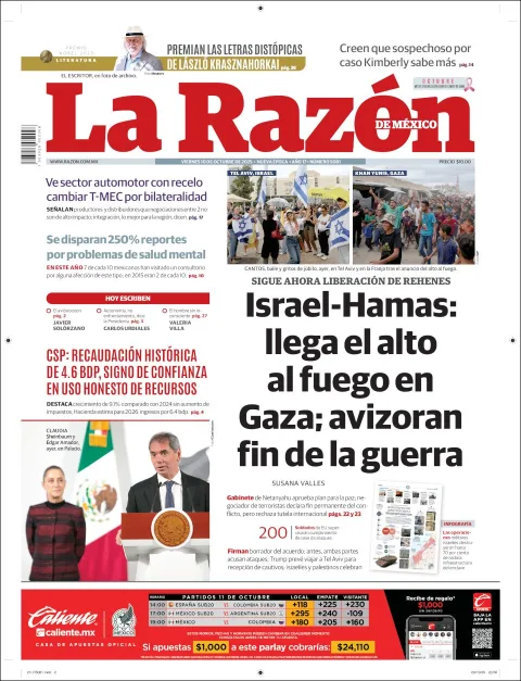 Portada de La Razon del viernes, 10 de octubre de 2025