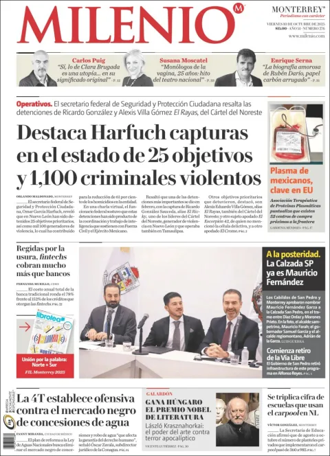 Portada de Milenio del viernes, 10 de octubre de 2025