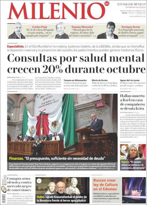 Portada de Milenio Edo de Mexico del viernes, 10 de octubre de 2025