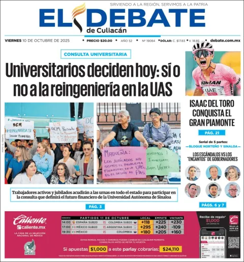 Portada de El Debate de Culiacan del viernes, 10 de octubre de 2025