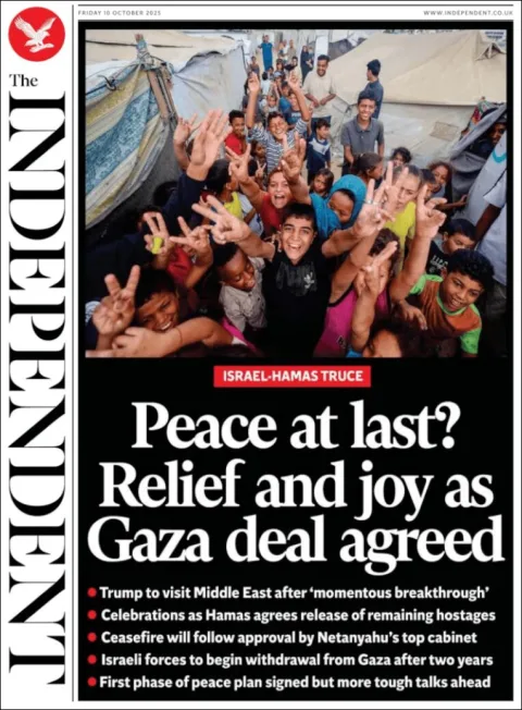 Portada de The Independent del viernes, 10 de octubre de 2025
