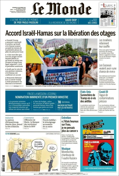 Portada de Le Monde del viernes, 10 de octubre de 2025
