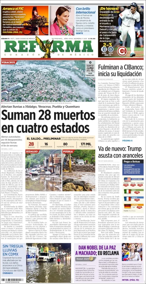 Portada de Reforma del sábado, 11 de octubre de 2025
